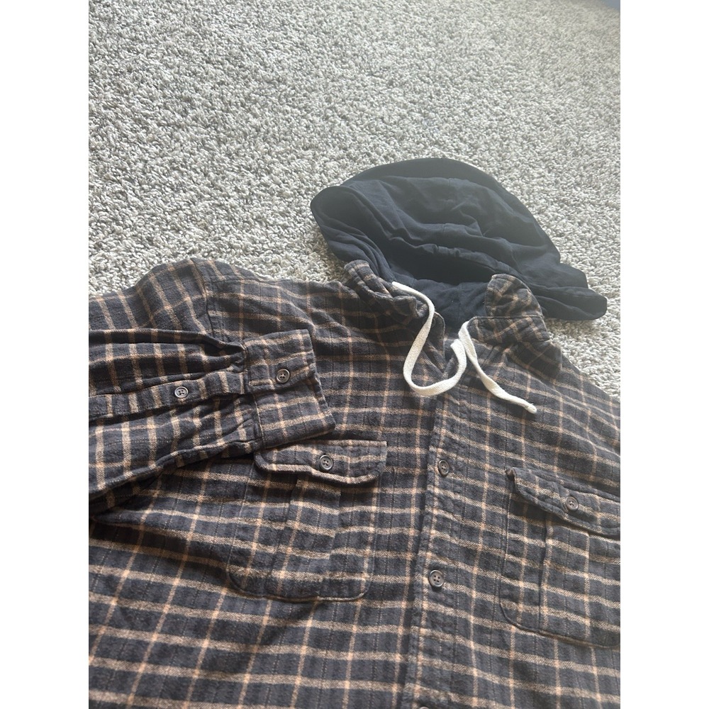 Cotton On Men's Medium Brown & Black Long Sleeve Flannel Hoodie Button Up